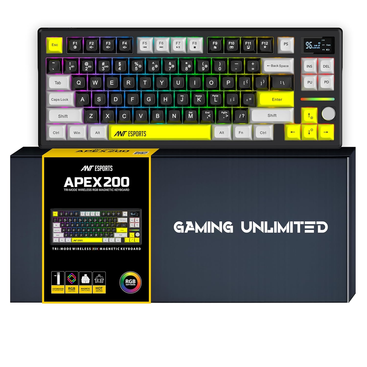 Ant Esports APEX 200 Smartchoice Mechanical Gaming Keyboard, Tri-Mode (2.4GHz/Bluetooth/Wired), 84-Key RGB, Hall Effect Magnetic Switches, 1000Hz Polling, Hot-Swappable, PBT Keycaps, Black