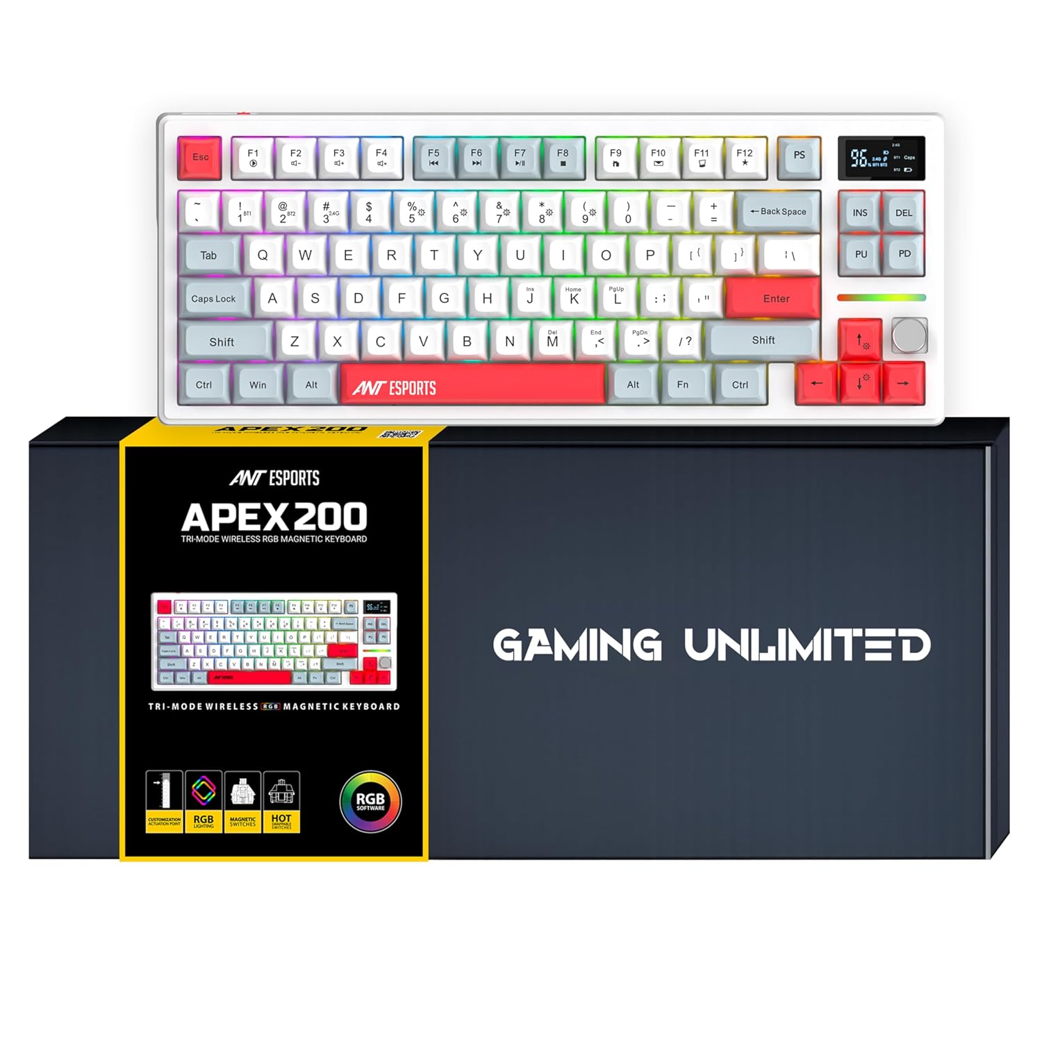 Ant Esports APEX200 Tri‑Mode Mechanical Gaming Keyboard (2.4GHz-Bluetooth-Wired) 84Key RGB Magnetic Keyboard Hall Effect Switches 1000Hz Wireless Polling Rapid Trigger Hot‑Swappabl PBT Keycaps –White