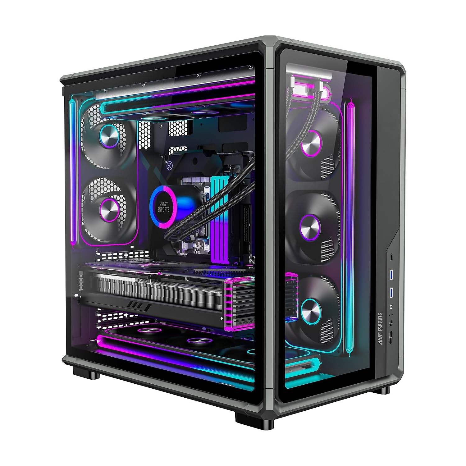 Ant Esports Crystal X8 Frame Gaming Cabinet | ATX Mid Tower | Dual Chamber Panoramic Tempered Glass | 8X 120mm Pre-Installed ARGB Fans (Mono Fan Frame) | Reverse Blade Intake | BTF Support | Black
