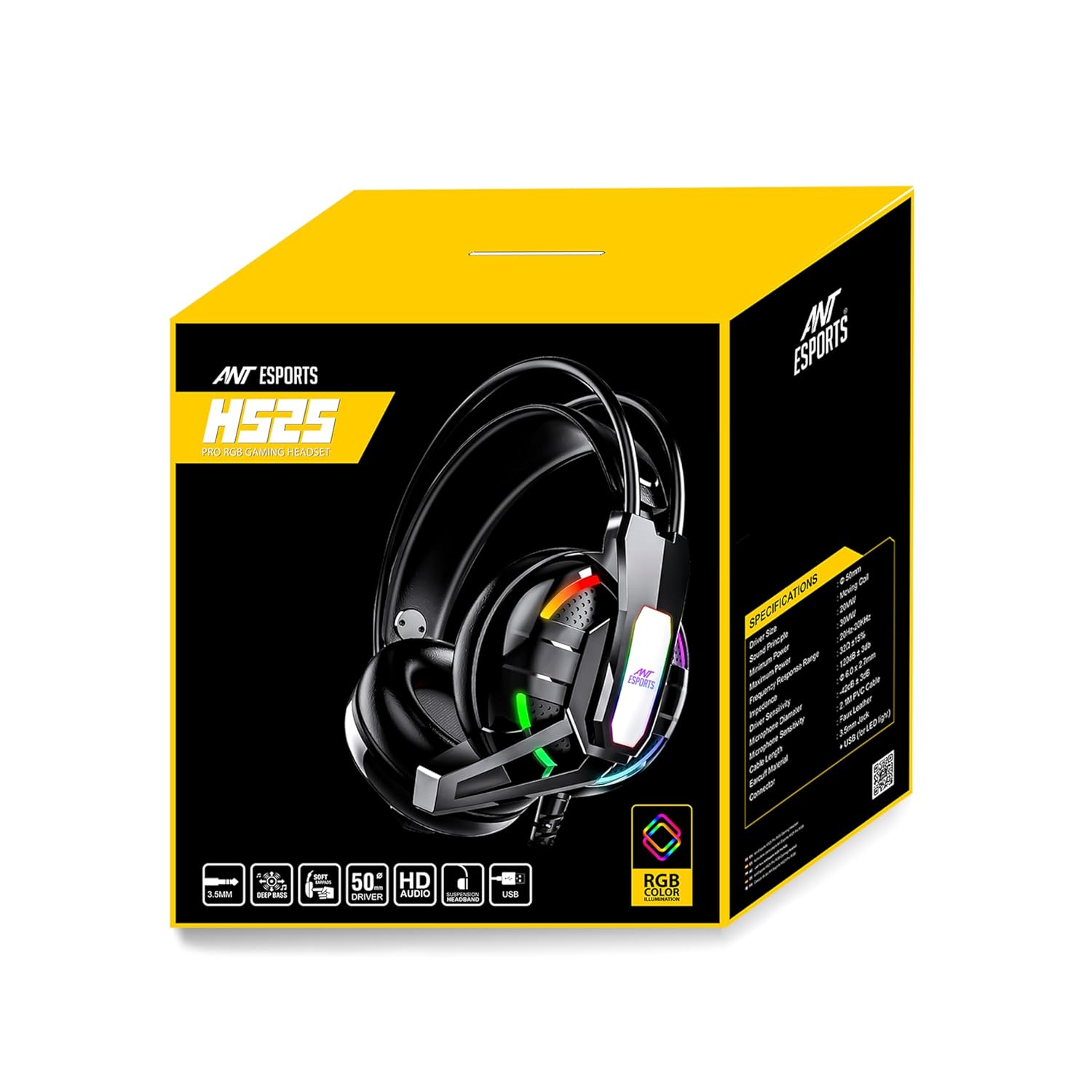 Ant Esports H525 Pro RGB Gaming Headset with Mic, 50mm Drivers, Over Ear Wired Headphones, Noise Isolation, 3.5mm Dual Jack + USB RGB Light, Compatible with PC, PS4, Xbox One, Switch & Mobile – Black