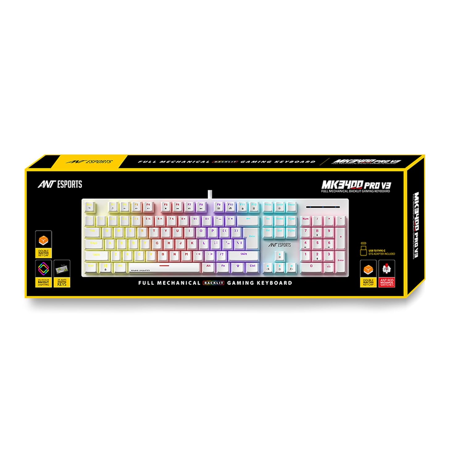 Ant Esports MK3400 Pro V3 Mechanical RGB Gaming Keyboard, 104 Keys-Red Switch, Multicolour Backlit, Anti-Ghosting, USB Wired, Media Keys, 12 LED Modes, for PC, Mac, Windows, Linux – White