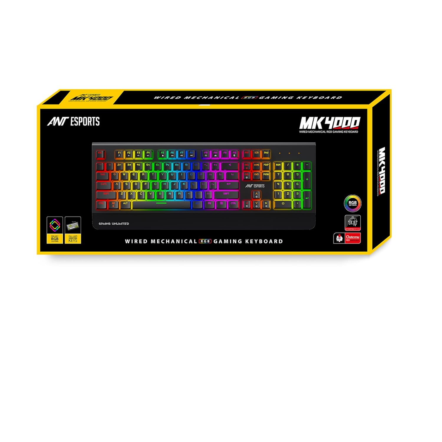 Ant Esports MK4000 Smartchoice Mechanical Gaming Keyboard, RGB LED Backlit Aluminium Base, Hot Swappable Switches, Full Size 104 Keys,Fully Programmable Red Switch, Wired USB, PC Laptop PS5 Compatible