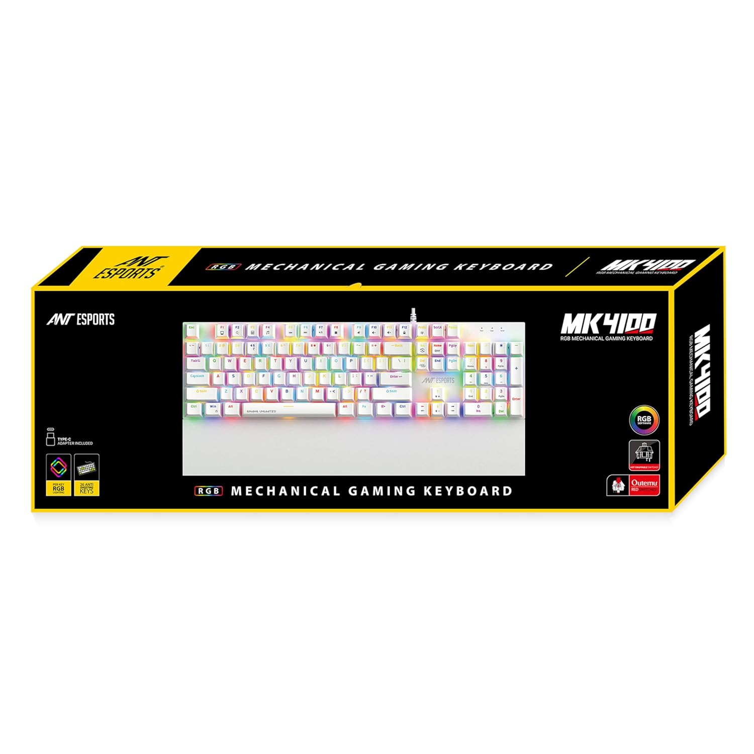 Ant Esports MK4100 RGB Mechanical Gaming Keyboard, Outemu Red Switches Linear & Silent – Chroma RGB – Magnetic Wrist Rest – Double Shot ABS Keycaps, Hot Swappable Switches – Mercury