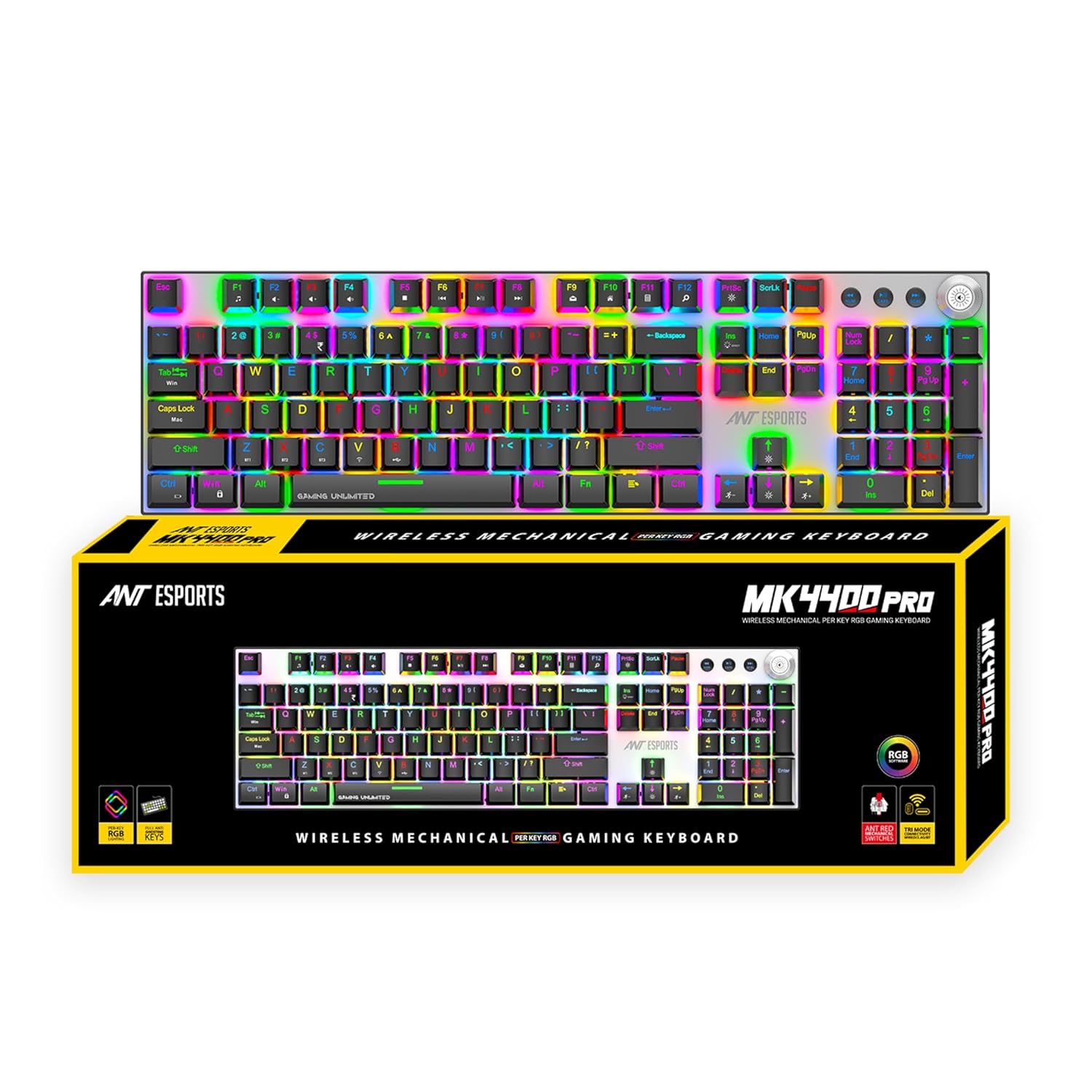 Ant Esports MK4400 Pro Wireless Mechanical Gaming Keyboard, Tri-Mode BT/2.4G/Wired, 104+4 Keys, Per-Key RGB, ANT BROWN SWITCH, Full Anti-Ghosting, 1000mAh Battery, 3 Indicators, Win/Mac/Linux/Android