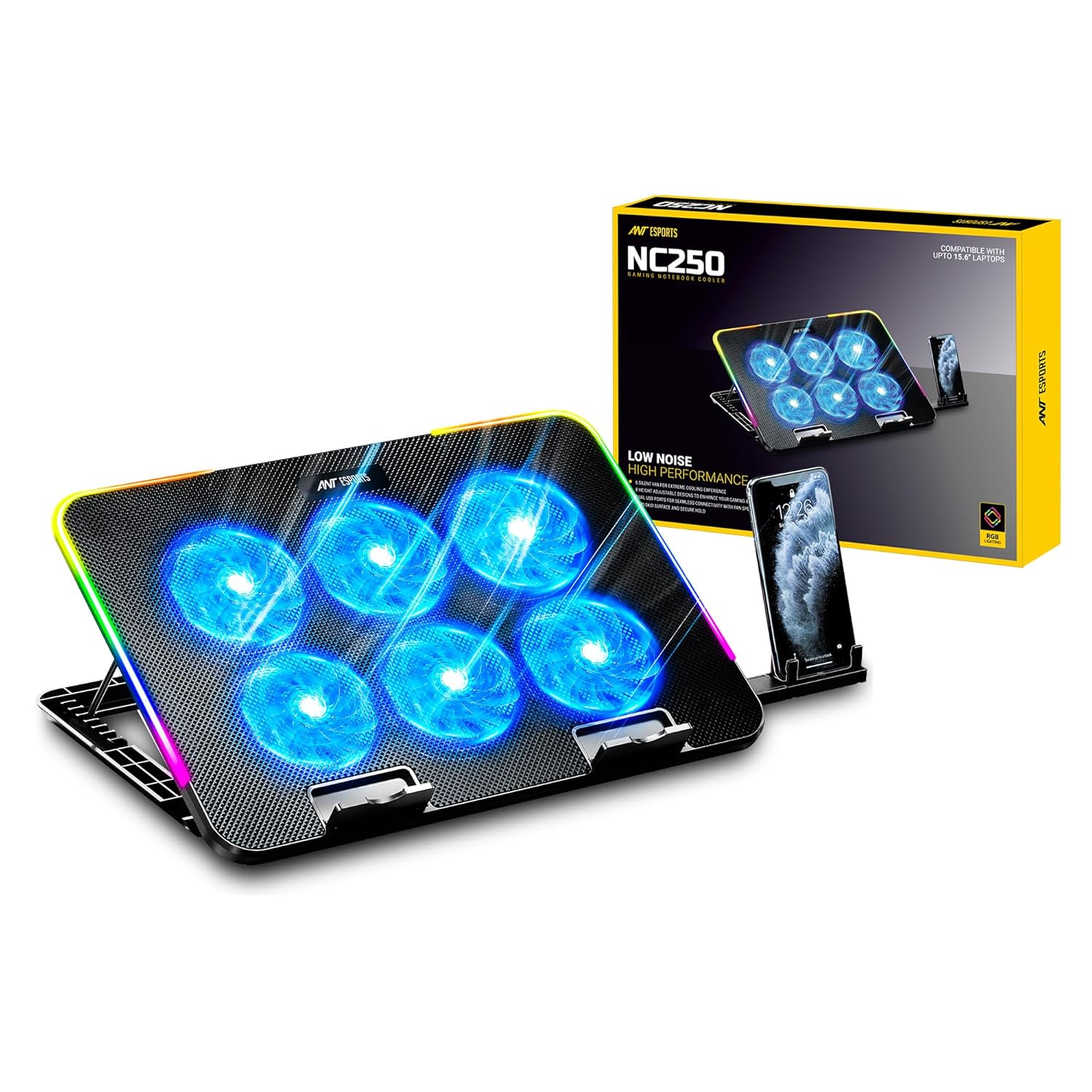 Ant Esports NC250 RGB Laptop Cooling Pad, Laptop Cooler with Mobile Holder 6 Quite Fans Fan Speed Controller 7 Height Adjustable Angle 2USB Ports Compatible for Laptop up to 15.6”