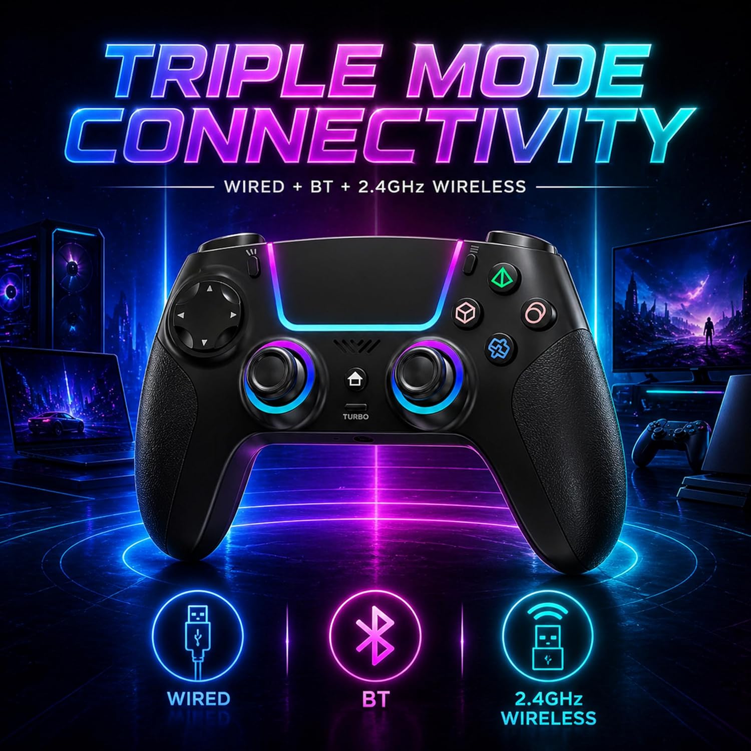 Ant Esports Superpower Wireless Gamepad Controller with RGB Light - Black | Hall Effect Joysticks | Dual Vibration | Touchpad, 2.4GHz/Bluetooth/Wired, Compatible with PS4/PS3/iOS/Android/PC/Steam