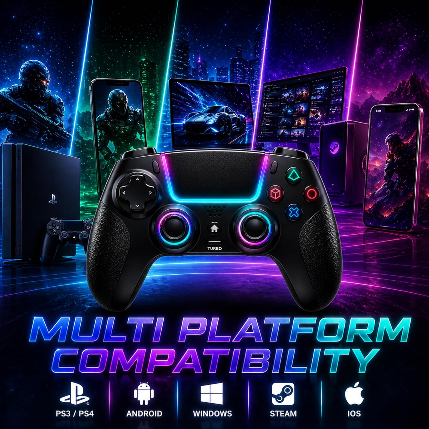 Ant Esports Superpower Wireless Gamepad Controller with RGB Light - Black | Hall Effect Joysticks | Dual Vibration | Touchpad, 2.4GHz/Bluetooth/Wired, Compatible with PS4/PS3/iOS/Android/PC/Steam