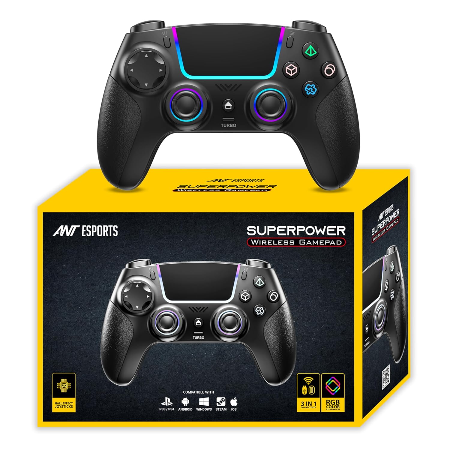 Ant Esports Superpower Wireless Gamepad Controller with RGB Light - Black | Hall Effect Joysticks | Dual Vibration | Touchpad, 2.4GHz/Bluetooth/Wired, Compatible with PS4/PS3/iOS/Android/PC/Steam