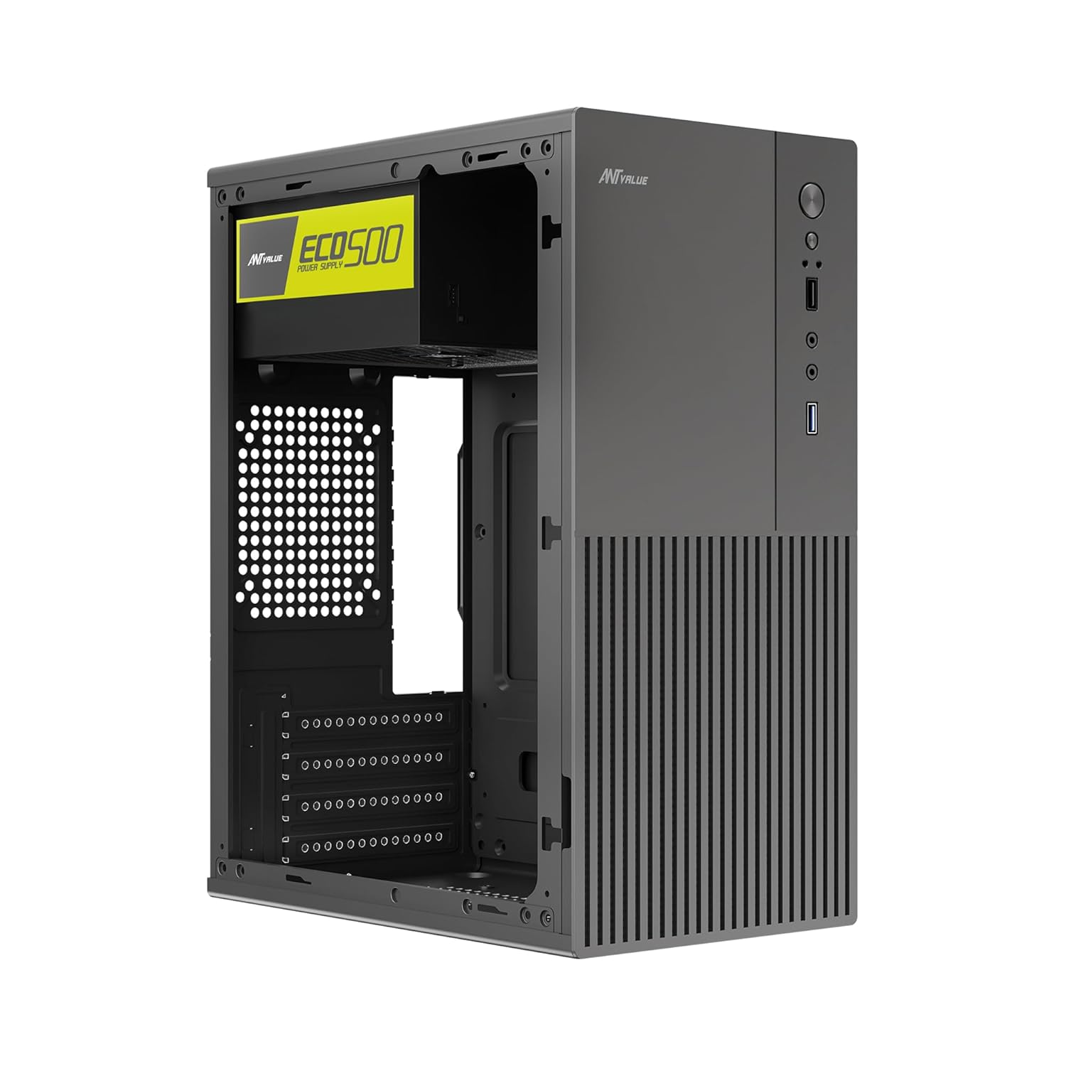 Ant Value VM4P Mid-Tower Computer Case/Office Cabinet - Black | Support Micro ATX, ITX | Built-in 2X USB Ports and Pre-Installed Power Supply