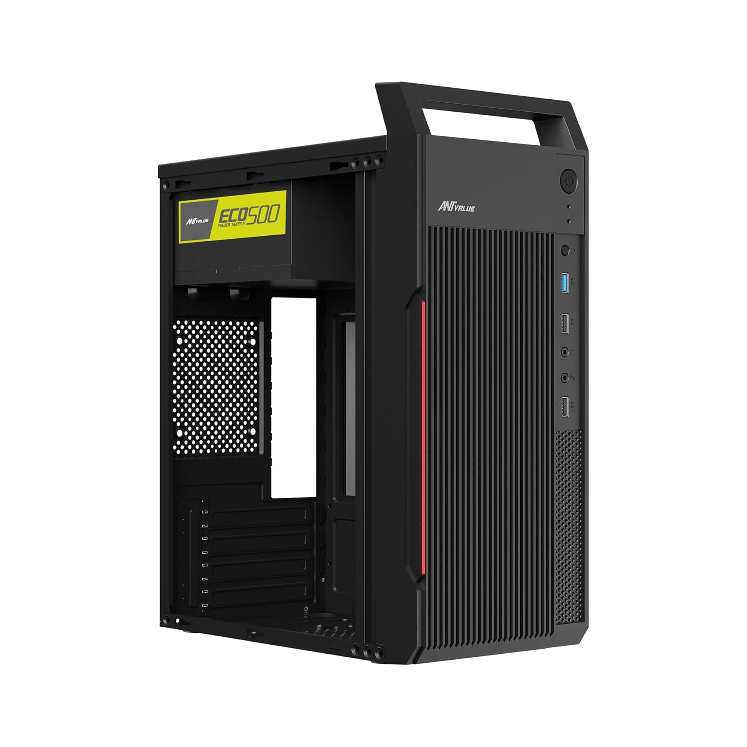 Ant Value VM5P Mid-Tower Computer Case/Office Cabinet - Black | Support Micro ATX, ITX | Built-in 3X USB Ports and Pre-Installed Power Supply
