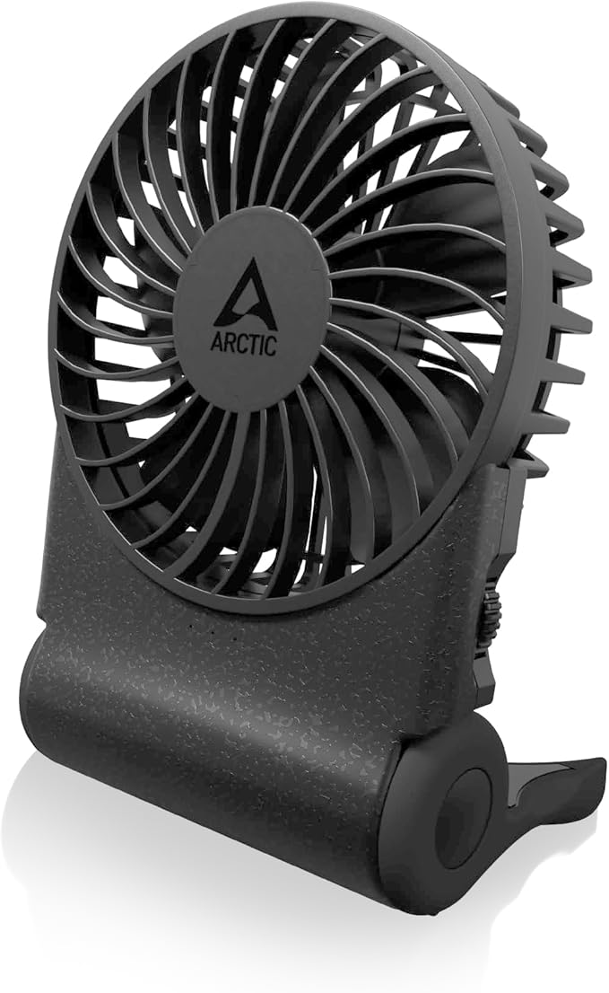ARCTIC Summair 2Go (Black) - Rechargeable Powerful Handheld Fan with Stand, Infinitely Variable Speed, 4-77h Running Time, USB-C Connection (incl. USB-A Cable) - Black