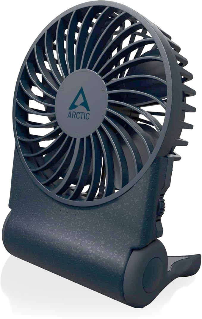 ARCTIC Summair 2Go (Black) - Rechargeable Powerful Handheld Fan with Stand, Infinitely Variable Speed, 4-77h Running Time, USB-C Connection (incl. USB-A Cable) - Blue