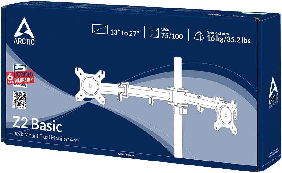 ARCTIC Z2 Basic - Dual Monitor Arm for up to 32"/25" Ultrawide, up to 15 kg (33 lbs), 360° Rotation, Easy Monitor Adjustment, Monitor Stand - Black