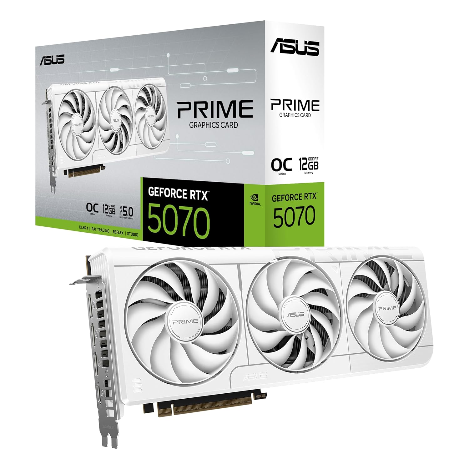 ASUS PRIME NVIDIA GeForce RTX 5070 OC Edition, 12GB GDDR7, 192 Bit, PCIe 5.0, 2.5 Slot Design, 3 Axial-Tech Fans, 1 HDMI 2.1, 3 DisplayPort 2.1, White, PRIME-RTX5070-O12G-WHITE
