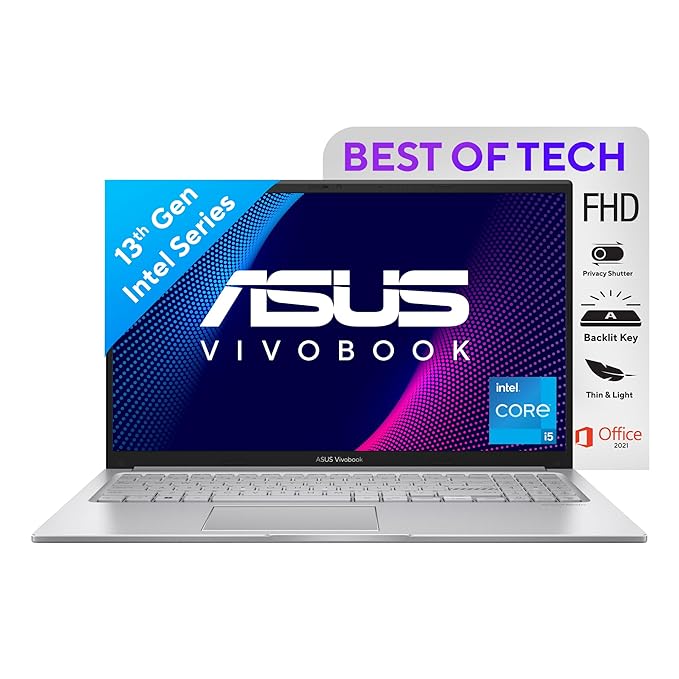 ASUS Vivobook 15, Intel Core i5 13th Gen 1335U, 16GB RAM, 512GB SSD, FHD 15.6", Windows 11, Office 2021, Cool Silver, 1.70kg, X1504VA-NJ540WS, Intel Iris Xᵉ iGPU, 42WHrs, Thin & Light Laptop