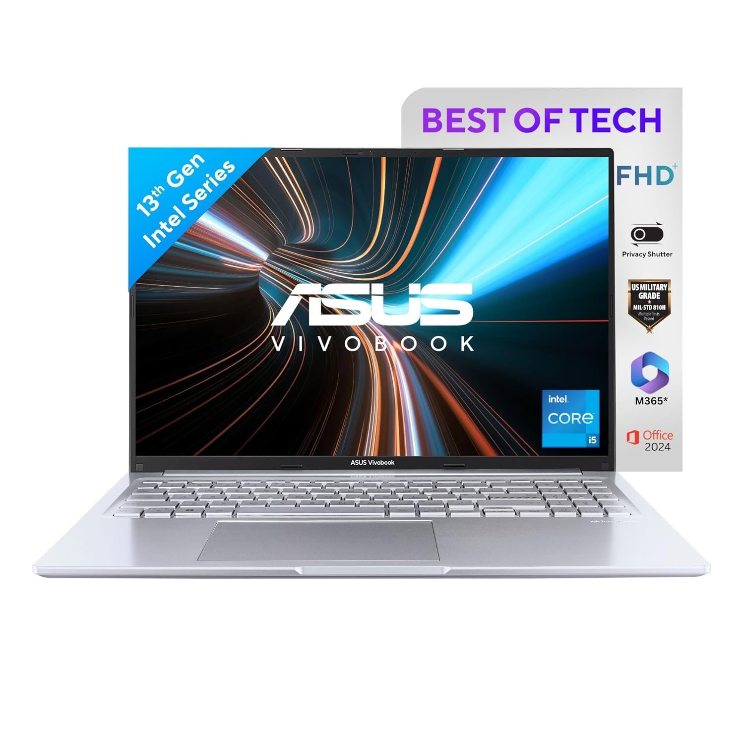ASUS Vivobook 16, Intel Core i5-13420H Processor,(16GB RAM/512GB SSD/16 FHD+ (1920 x 1200)/Win 11/M365 Basic (1Year)*/Backlit Keyboard/Office Home 2024/Silver/1.88 kg) X1605VA-MB1627WS
