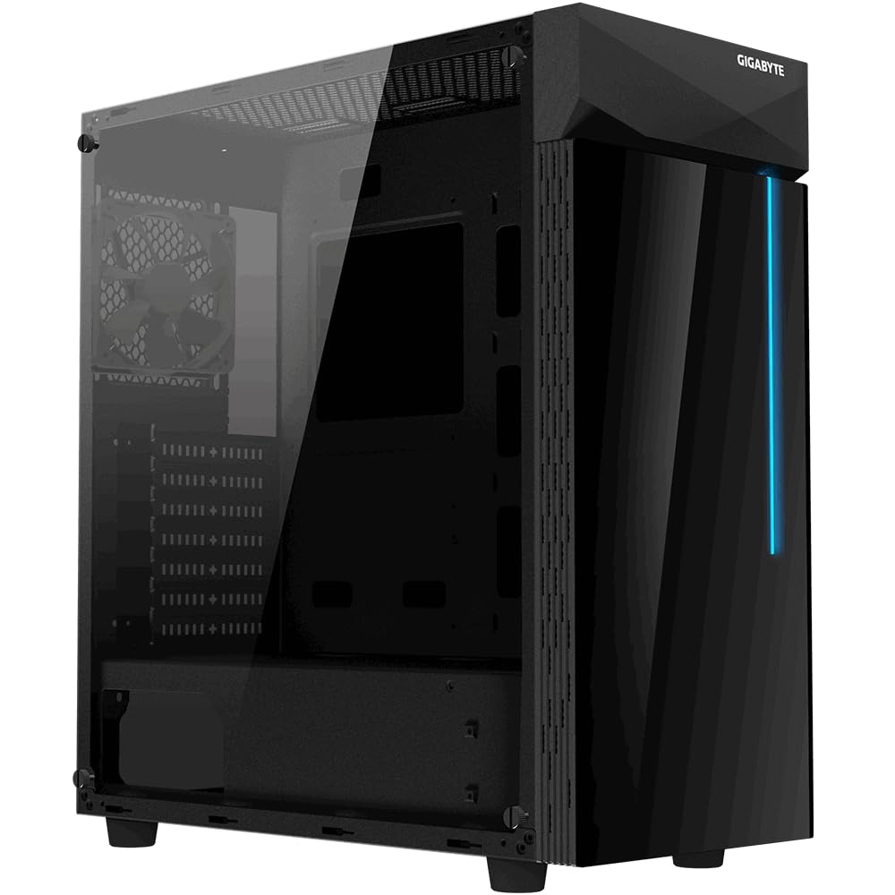 GIGABYTE C200G Cabinet with Tempered Side Glass Panel and Front RGB Light on Black Tempered Glass at Front Panel
