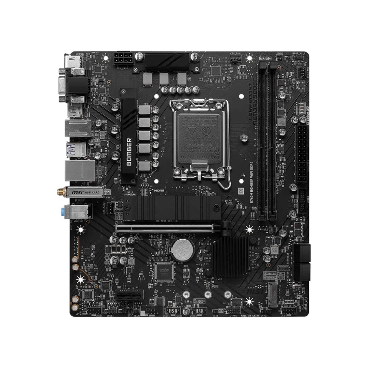 MSI B760M Bomber WiFi DDR4 Motherboard, Micro-ATX - Support Intel Core 14th/ 13th/ 12th Gen Processors, LGA 1700 – DDR4 Memory Boost 4800MHz/MAX, PCIe 4.0 x16 Slot, M.2 Gen4 Slot