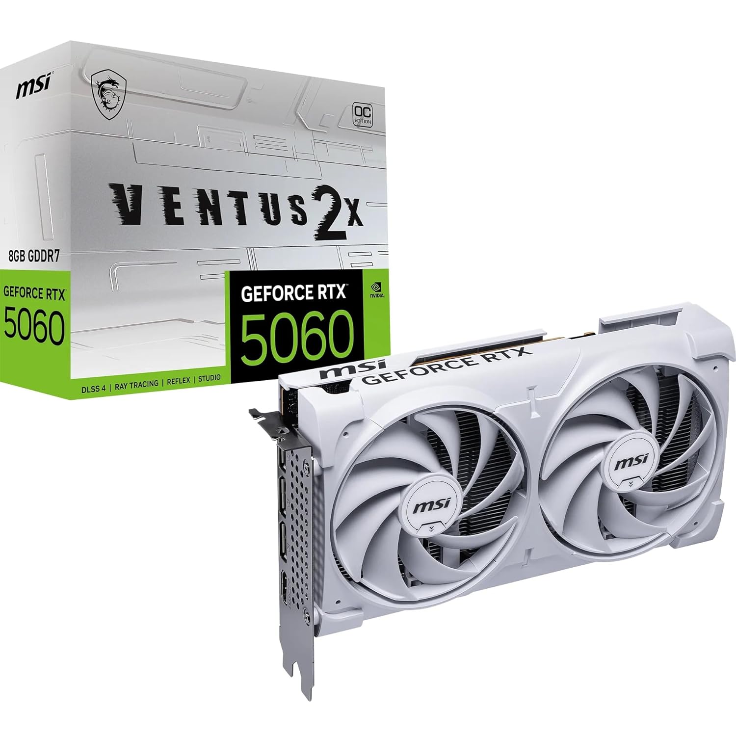 MSI GeForce RTX 5060 8G Ventus 2X OC White Graphic Card - NVIDIA GeForce RTX 5060 GPU, 8GB GDDR7 128-bit Memory, 28 Gbps, PCI Express Gen 5 x16 Interface, Upto 2527 MHz, TORX Fan 5.0
