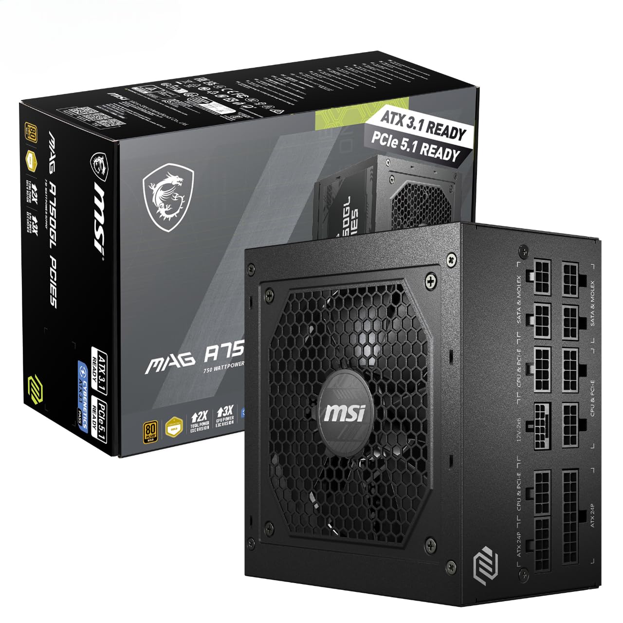 MSI MAG A750GL PCIE5 Power Supply Unit, 750W, 80 Plus Gold, Fully Modular, ATX 3.1, PCIe 5.1 GPU Support, 120mm FDB Fan, Full-Bridge LLC, Flat Black Cables - 7 Year Warranty
