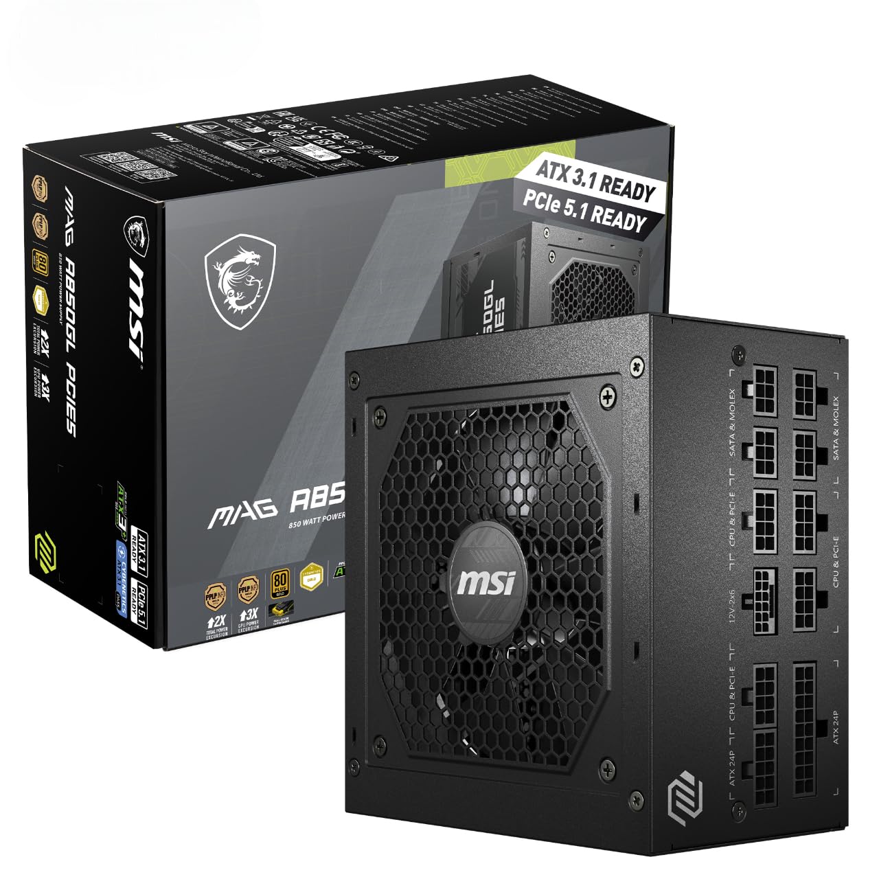 MSI MAG A850GL PCIE5 Power Supply Unit, 850W, 80 Plus Gold, Fully Modular, ATX 3.1, PCIe 5.1 GPU Support, 120mm FDB Fan, Full-Bridge LLC, Flat Black Cables