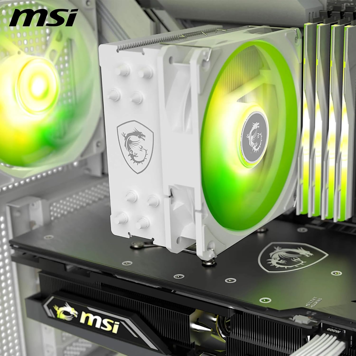 MSI MAG COREFROZR AA13 White CPU Air Cooler - Direct Touch Four 6mm Copper heatpipes, ARGB, CycloBlade 7, Pre-Applied Thermal Paste, Rifle Bearing Fans.