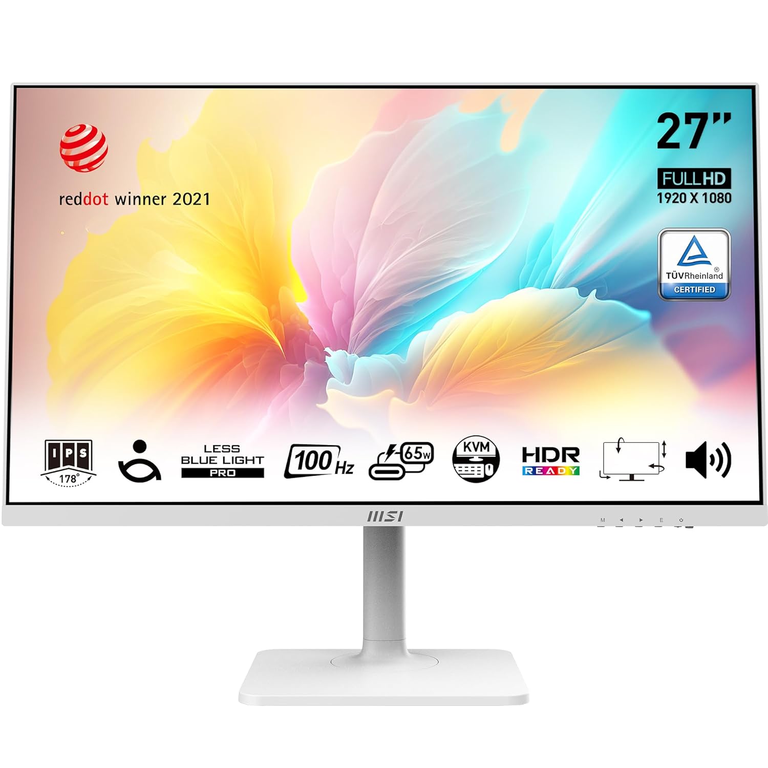 MSI Modern MD272XPW 27 Inch FHD Office Monitor - 1920 x 1080 IPS Panel, 100 Hz, Eye-Friendly Screen, HDR Ready, Built-in Speakers, 4-Way Adjustable Stand, KVM - DP 1.2a, HDMI 1.4b, USB Type-C, White