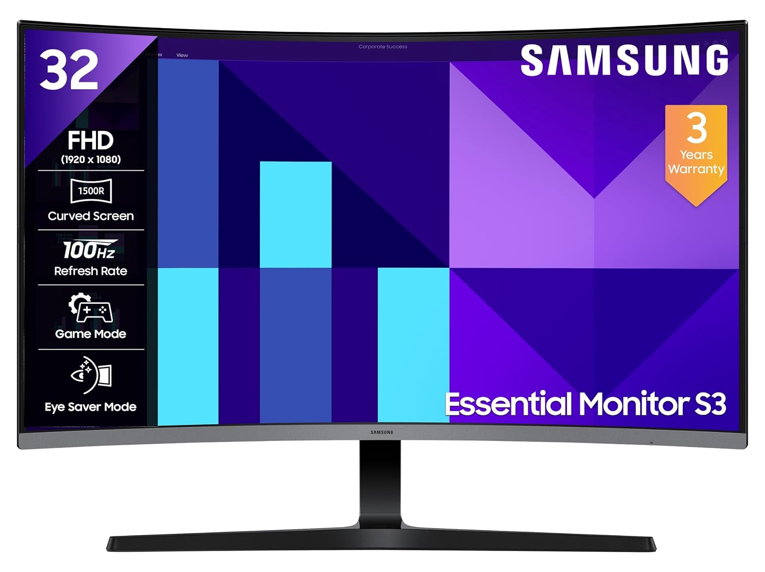 Samsung 32" (80 cm) S3 1500R Curved Monitor|FHD 1920 x 1080|100 Hz|4 ms|Ports-HDMI,VGA|Game Mode|Eye Saver Mode|LS32D390GAWXXL||Wall Mountable|Black