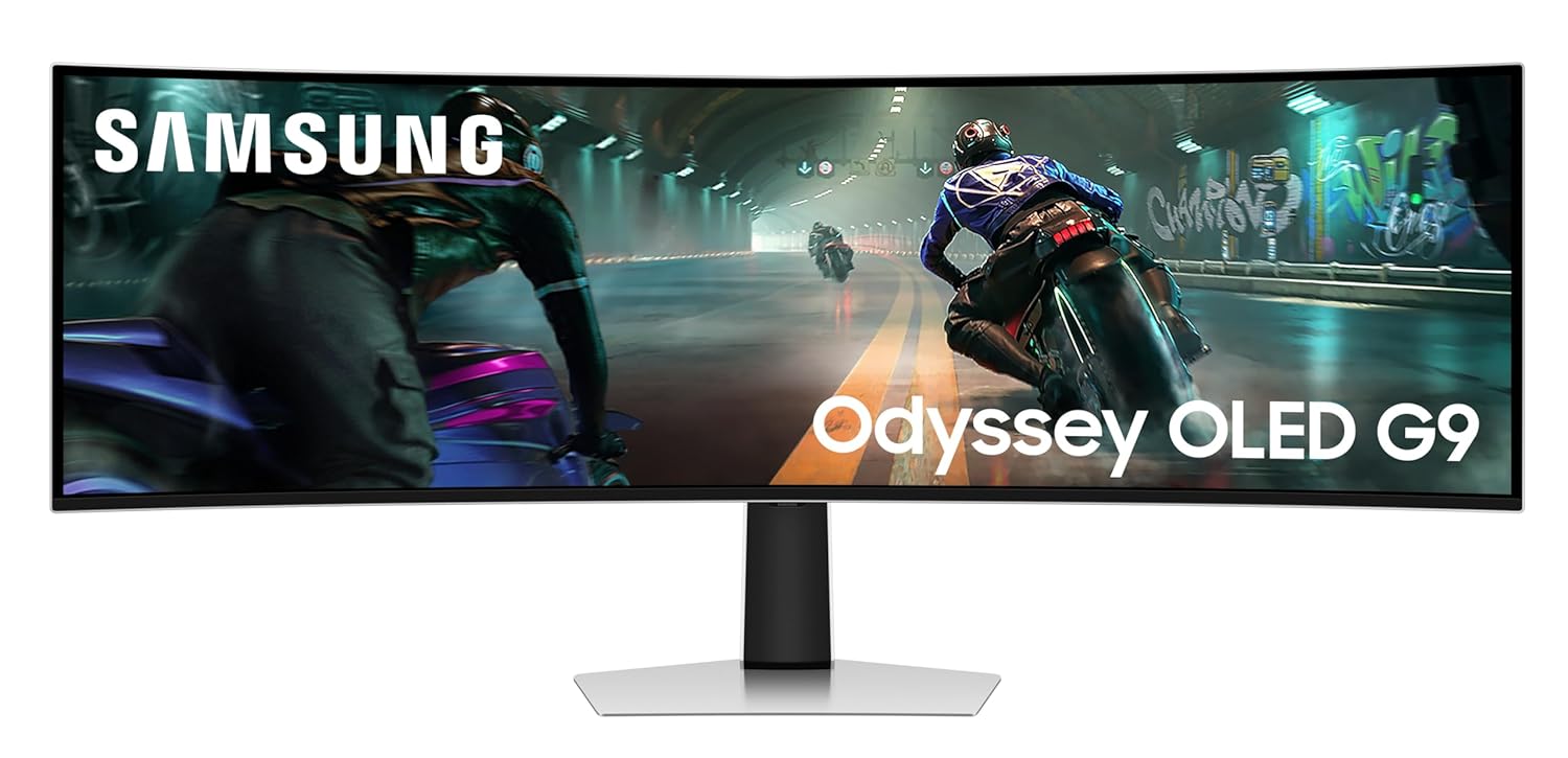 Samsung 49" Odyssey OLED G9 Curved Gaming Monitor|Dual QHD 5120 x 1440|144Hz|0.03ms|DCI 99%|OLED Safeguard|FreeSync Premium Pro|G-Sync|Quantum Dot|HDR10+ Gaming|HAS|Flicker Free| LS49DG910SWXXL|Silver