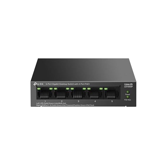 TP-Link 5-Port Gigabit Desktop Ethernet Switch with 4-Port PoE+, 65 W Budget, Auto Recovery, Plug & Play, Metal Case, Ideal for IP Surveillance & Network Security (LS105GP) 5_Way, Black