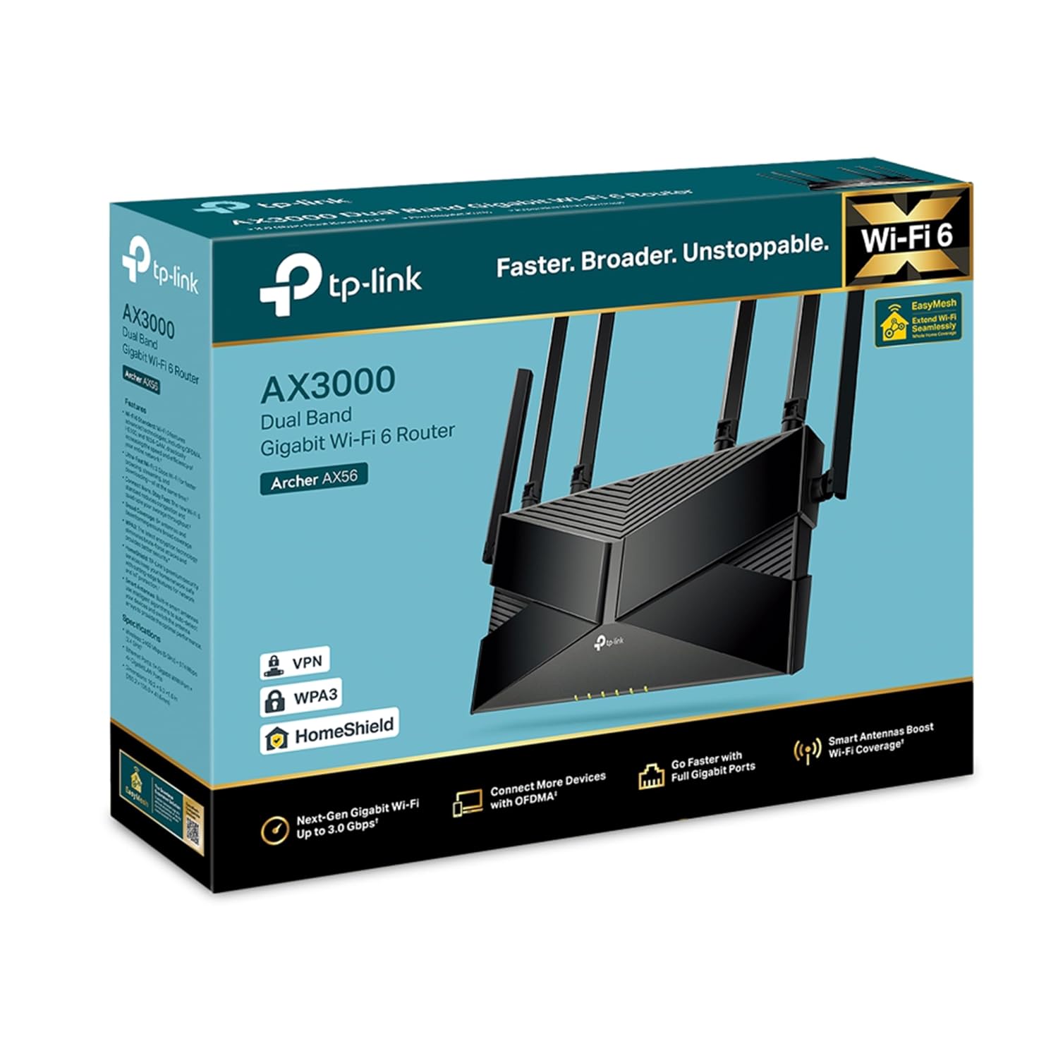 TP-Link Archer AX56 New AX3000 Gigabit Wi-Fi 6 Router, Dual-Band 2402 Mbps + 574 Mbps, OFDMA, Beamforming, HomeShield Security, EasyMesh Compatible, Ideal for Gaming, Streaming & Smart Homes.