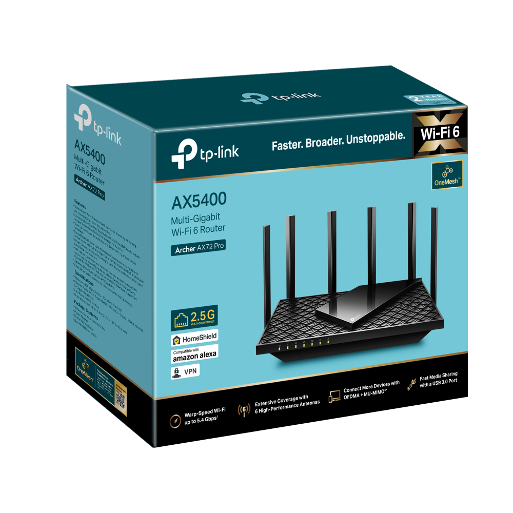 TP-Link Archer AX72 Pro AX5400 Dual-Band Gigabit Wi-Fi 6 Router | 8K Streaming | MU-MIMO | HomeShield | USB Sharing | OFDMA | 5400 Mbps Wireless Speed | 2.5 Gbps WAN/LAN Port,Black