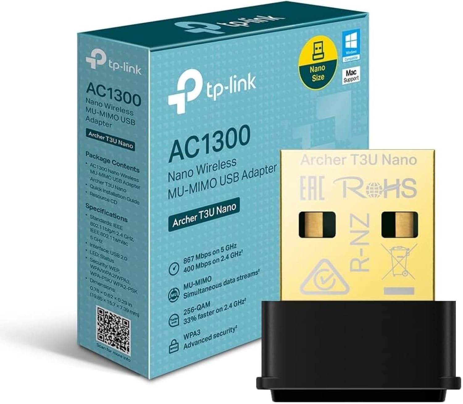 TP-Link Nano AC1300 Wireless MU-MIMO Wi-Fi Adapter(Archer T3U Nano), Dual Band Wireless Network Adapter for PC/Desktop/Laptop, Mini Travel Size , Supports Windows 11/10/8.1/8/7/Mac OS 10.15