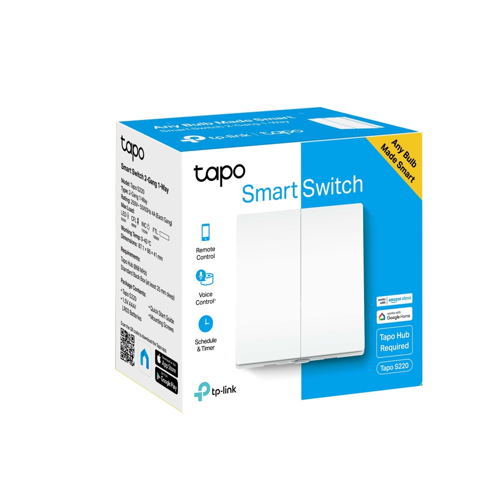 TP-Link Tapo S220 Light, 2-Gang 1-Way, Remote and Voice Control, Away Mode Smart Switch (White)