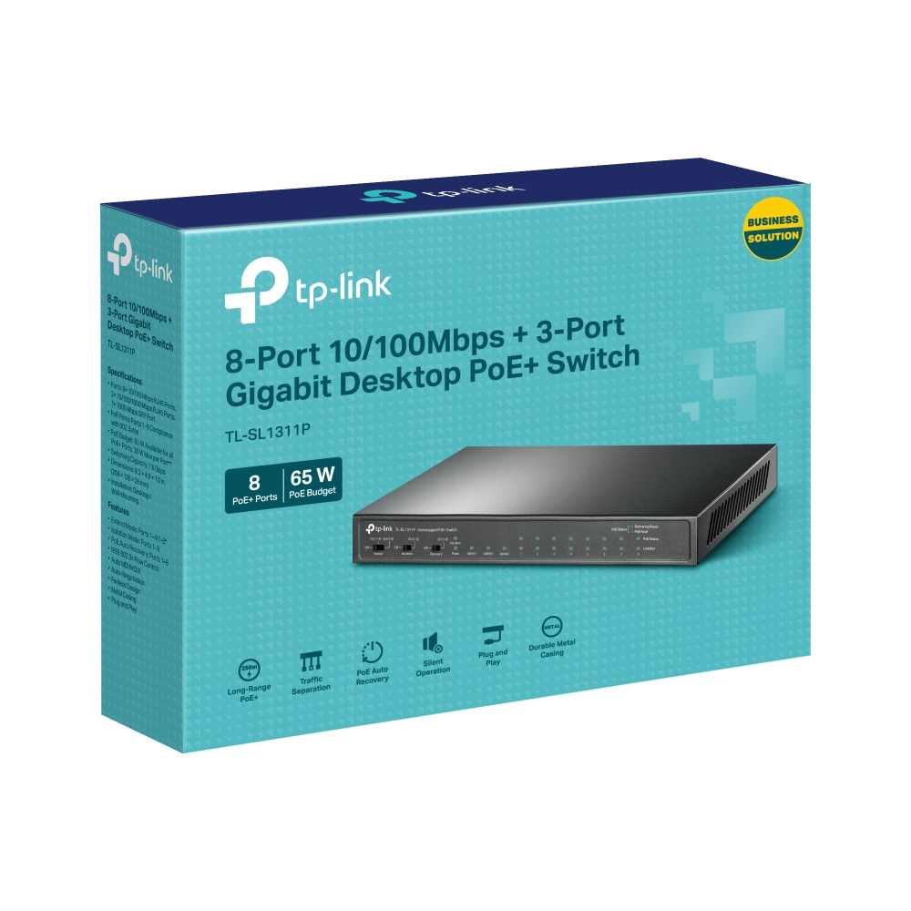 TP-Link TL-SL1311MP 8 Port 10/100Mbps Fast Ethernet PoE Switch 8 PoE+ Ports 124W, w/ 2 Uplink Gigabit Ports + 1 SFP Port PoE Recovery Extend & Isolation Mode