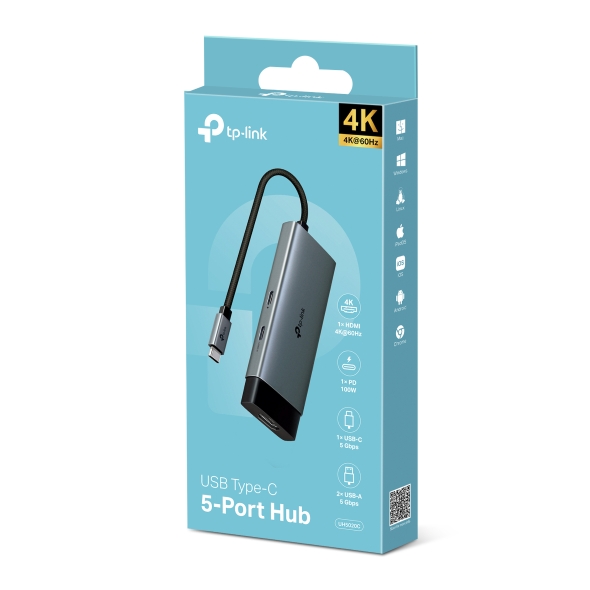 TP-Link UH5020C USB Type-C 5 in 1 Hub, USB 3.0, 5Gbps Data Transfer, 2 x USB A, 1x USB C, HDMI 4K@60Hz, 100W PD 3.0 Fast Charging, Self-Storage, Braided Cable, Compact and Elegant Design, Plug & Play