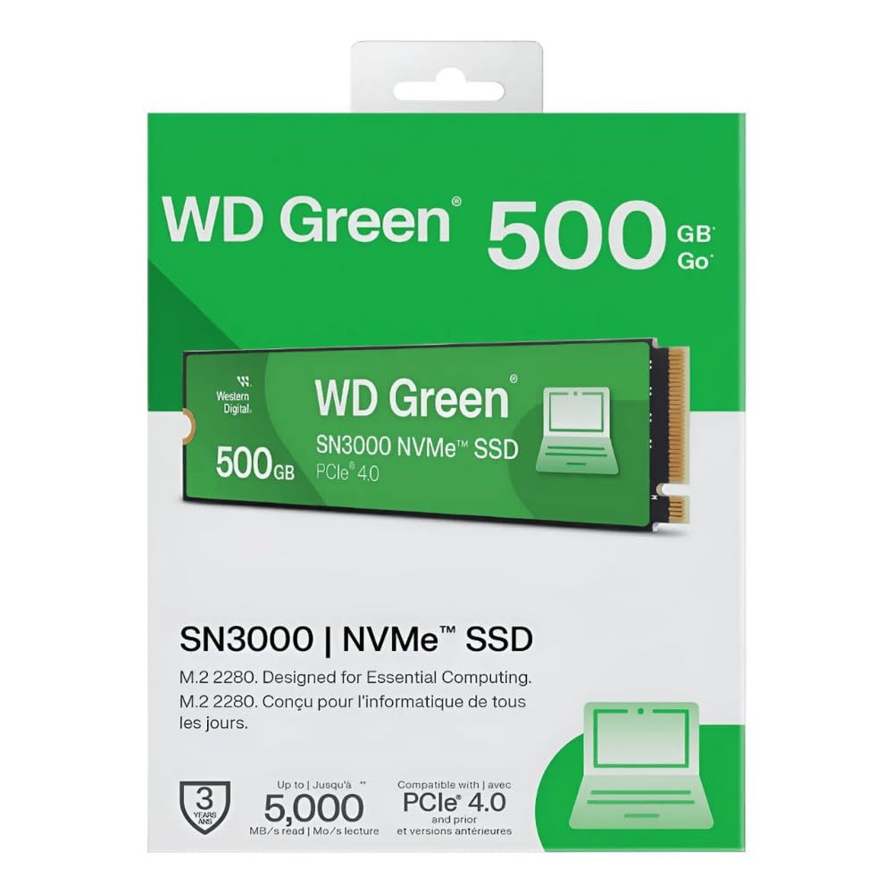 Western Digital 500GB WD Green SN3000 NVMe Internal SSD - Solid State Drive - Gen4 PCIe, M.2 2280, Up to 5,000 MB/s - WDS500G4G0E