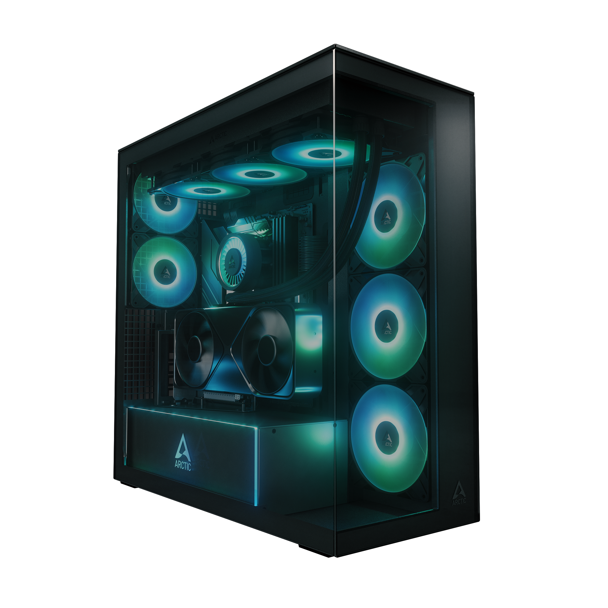 ARCTIC Xtender VG (Black) with Vertical GPU Mount | PLCe 4.0 Raiser Cable | PC Case, Tempered Panorama Glass, 2 x 420 mm Radiator Support, Midi Tower, E-ATX, 5X A-RGB Fans pre-Mounted - Black